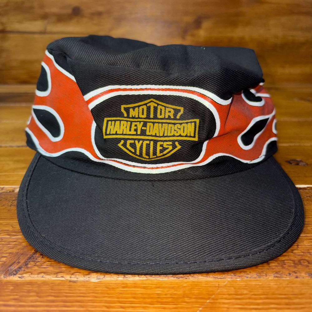 Vintage Genuine Harley Davidson Crowd Cap OSFA Black Orange Flame Painters Hat